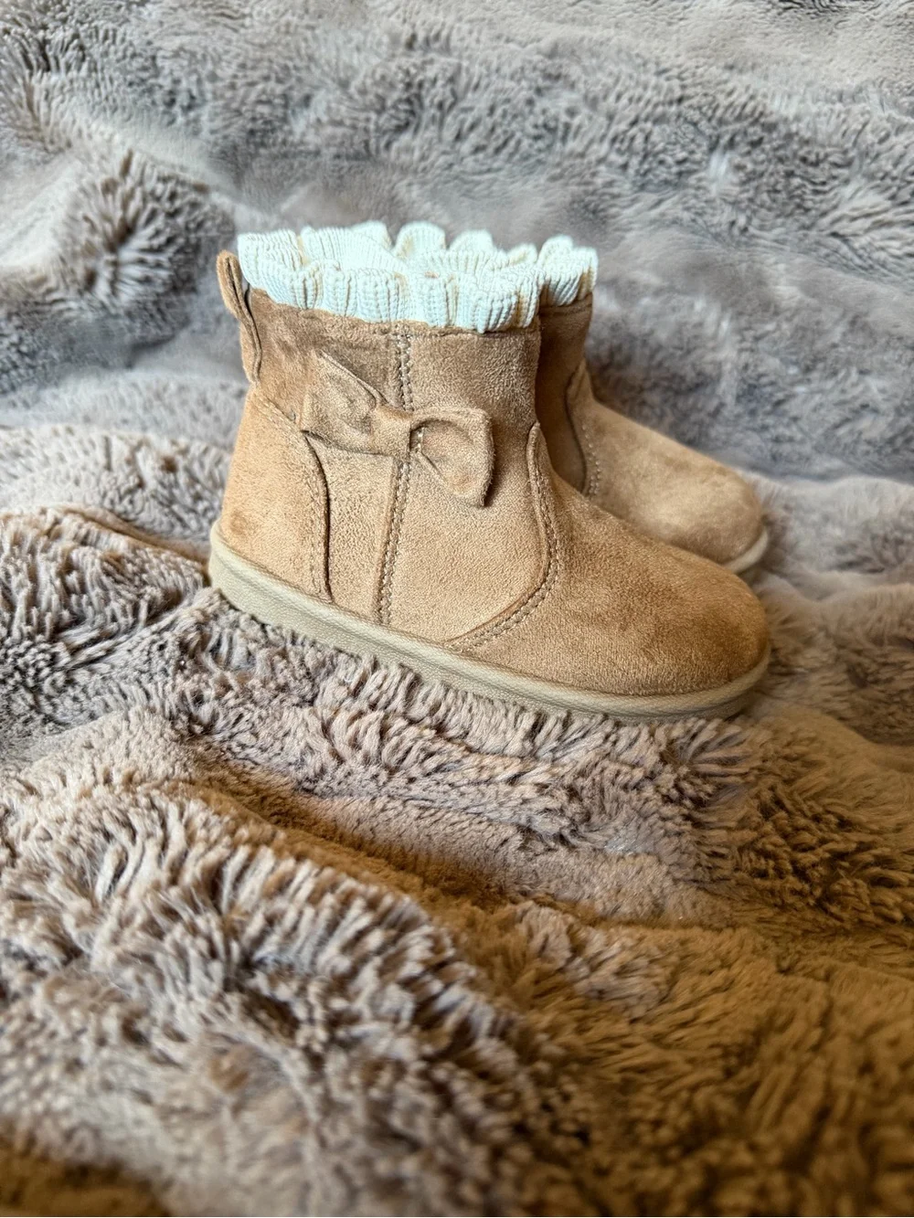 Kids Suede Bow Booties in Tan size 5 (toddler)